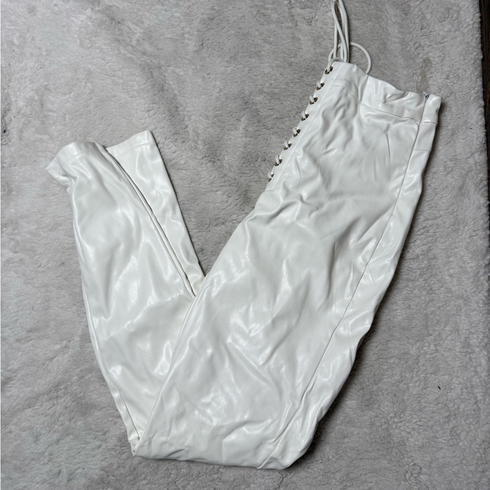 Fashion Nova White Lace-Up Faux Leather Pants